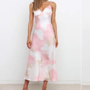 Petal & Pup Pink Dharma Tie Dye Satin Tie Strap Fitted Midi Slip Dress 6US